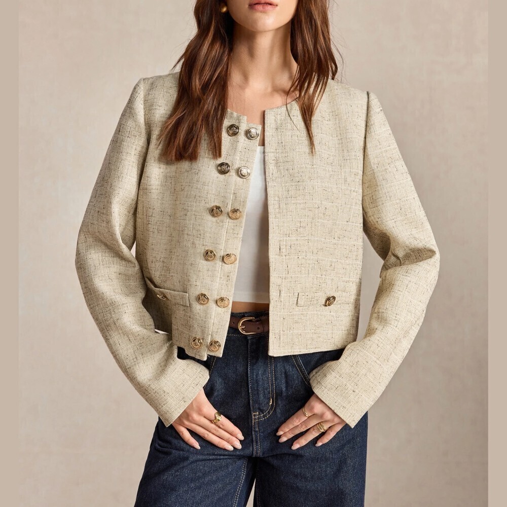 Cream Tweed Collarless Cropped Blazer with Double Gold Button Placket